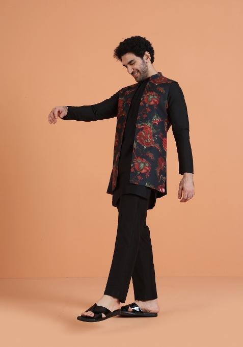 Black Printed Silk Blend Kurta Jacket Set For Men
