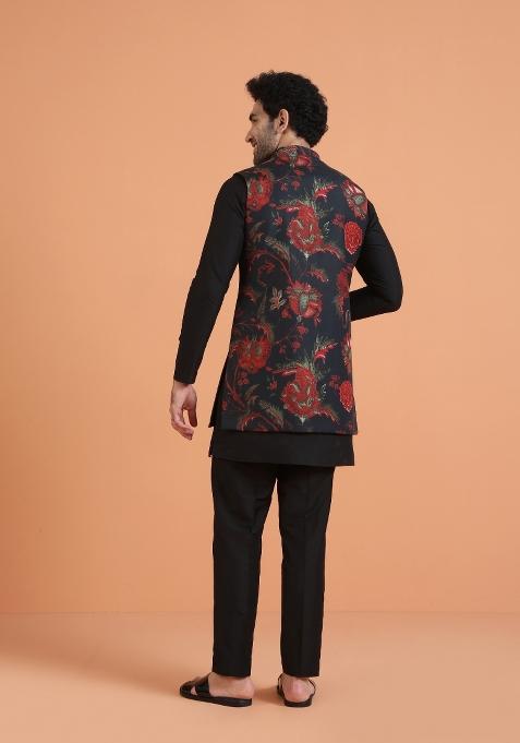 Black Printed Silk Blend Kurta Jacket Set For Men