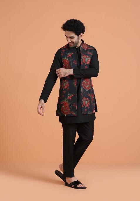 Black Printed Silk Blend Kurta Jacket Set For Men