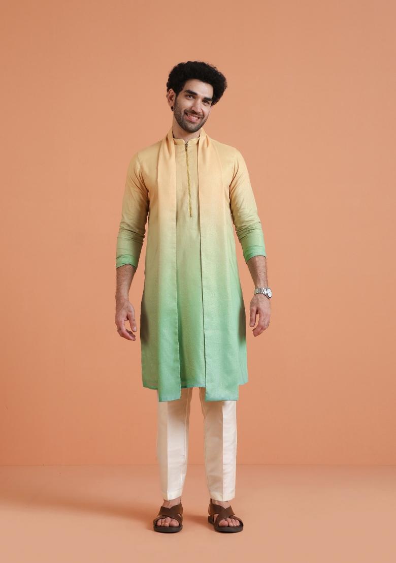 Yellow Ombre Silk Blend Kurta Set With Dupatta For Men
