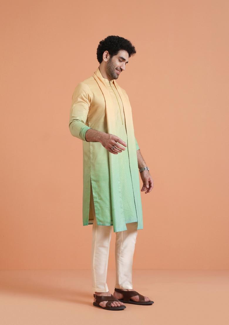 Yellow Ombre Silk Blend Kurta Set With Dupatta For Men