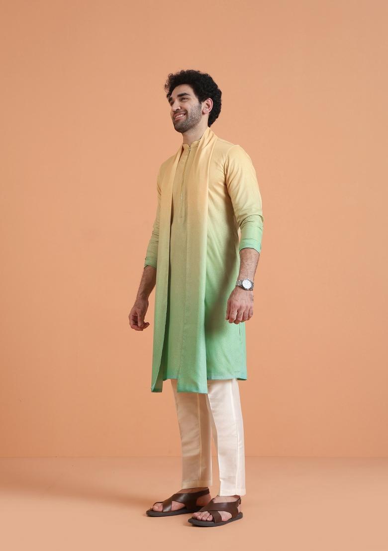 Yellow Ombre Silk Blend Kurta Set With Dupatta For Men