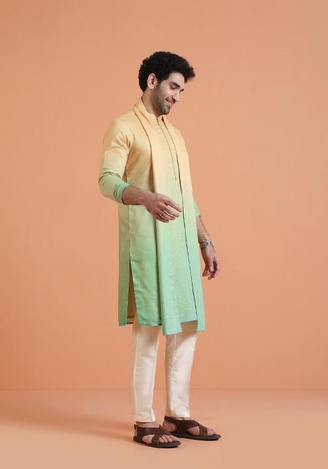Yellow Ombre Silk Blend Kurta Set With Dupatta For Men
