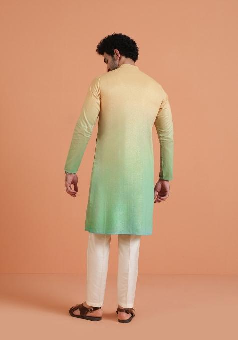 Yellow Ombre Silk Blend Kurta Set With Dupatta For Men