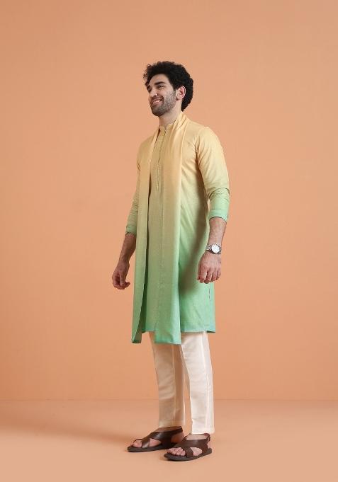 Yellow Ombre Silk Blend Kurta Set With Dupatta For Men