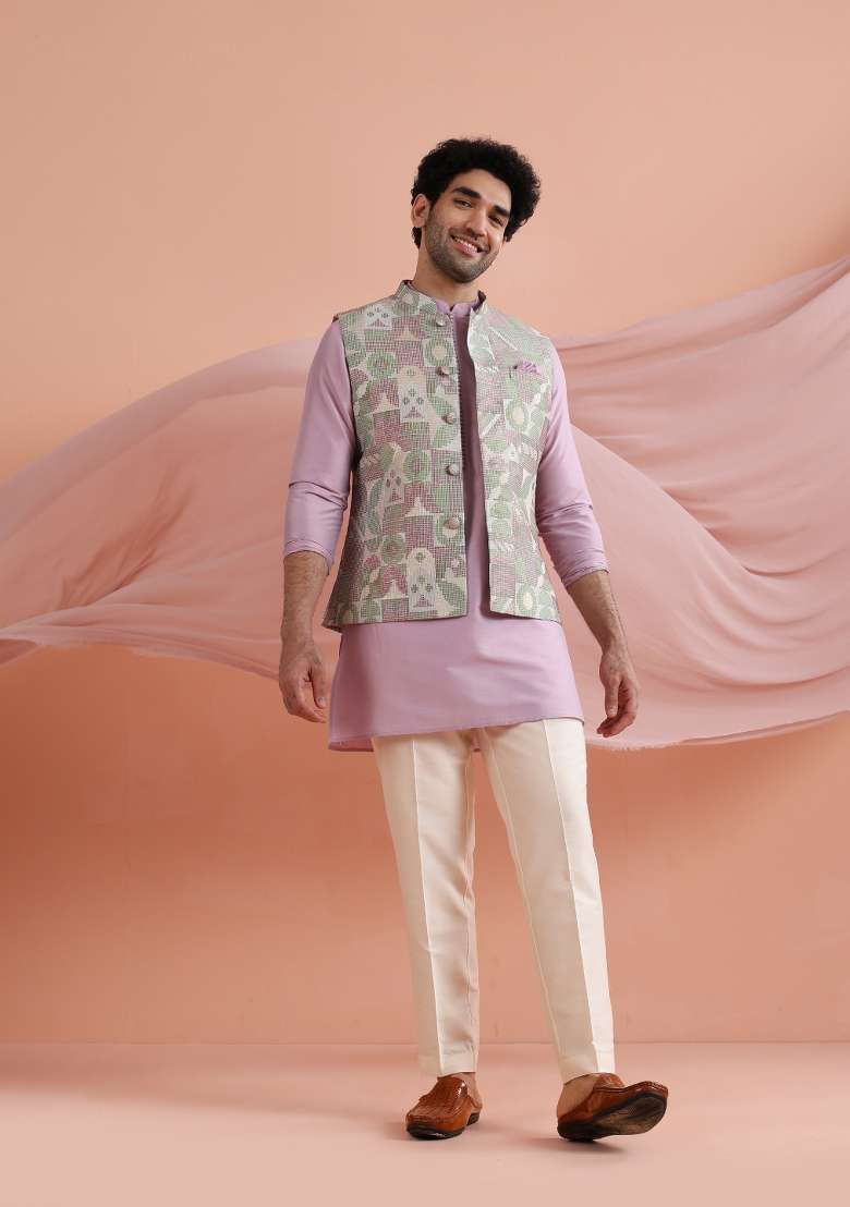 Pink Jacquard Silk Blend Kurta Jacket Set For Men - Indya