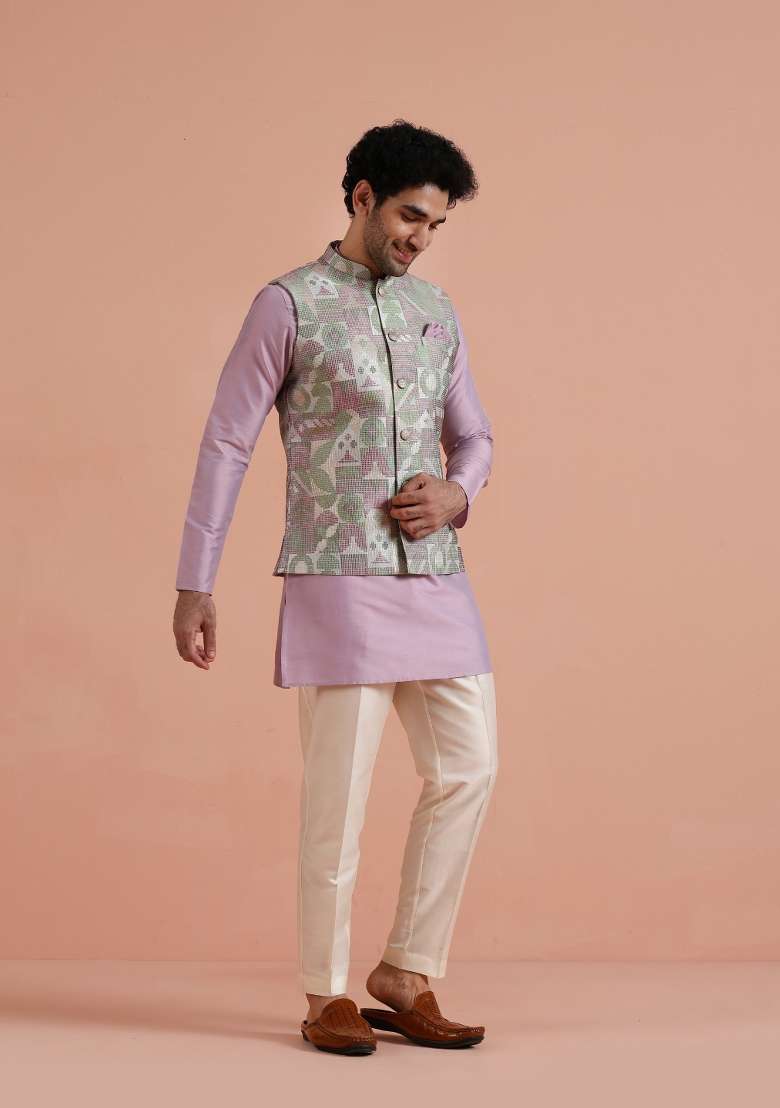 Pink Jacquard Silk Blend Kurta Jacket Set For Men - Indya