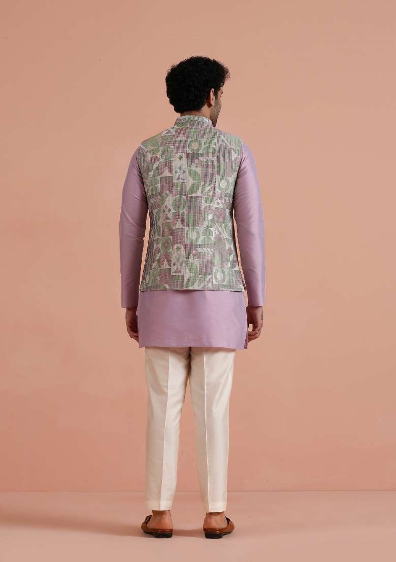 Pink Jacquard Silk Blend Kurta Jacket Set For Men - Indya
