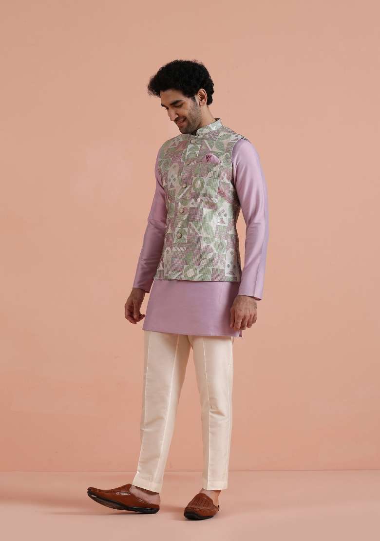 Pink Jacquard Silk Blend Kurta Jacket Set For Men - Indya