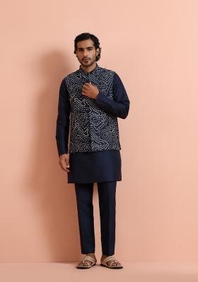 Cream Embroidered Poly Silk Blend Kurta Jacket Set For Men