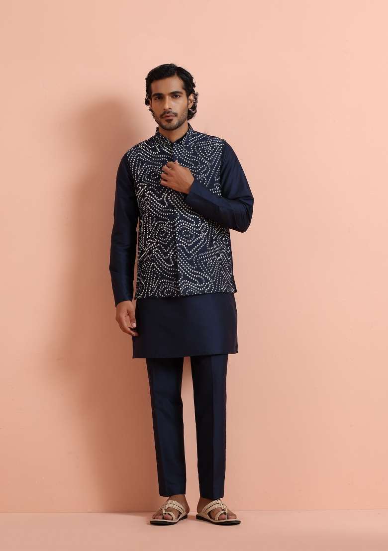 Cream Embroidered Poly Silk Blend Kurta Jacket Set For Men - Indya