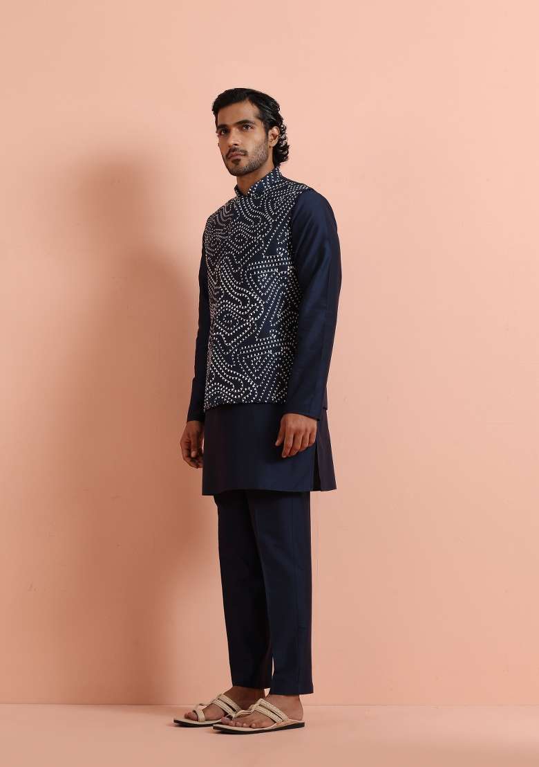 Cream Embroidered Poly Silk Blend Kurta Jacket Set For Men - Indya