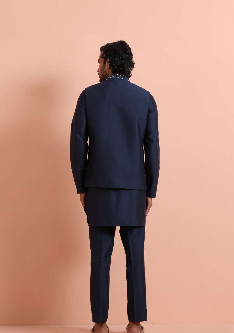 Cream Embroidered Poly Silk Blend Kurta Jacket Set For Men - Indya