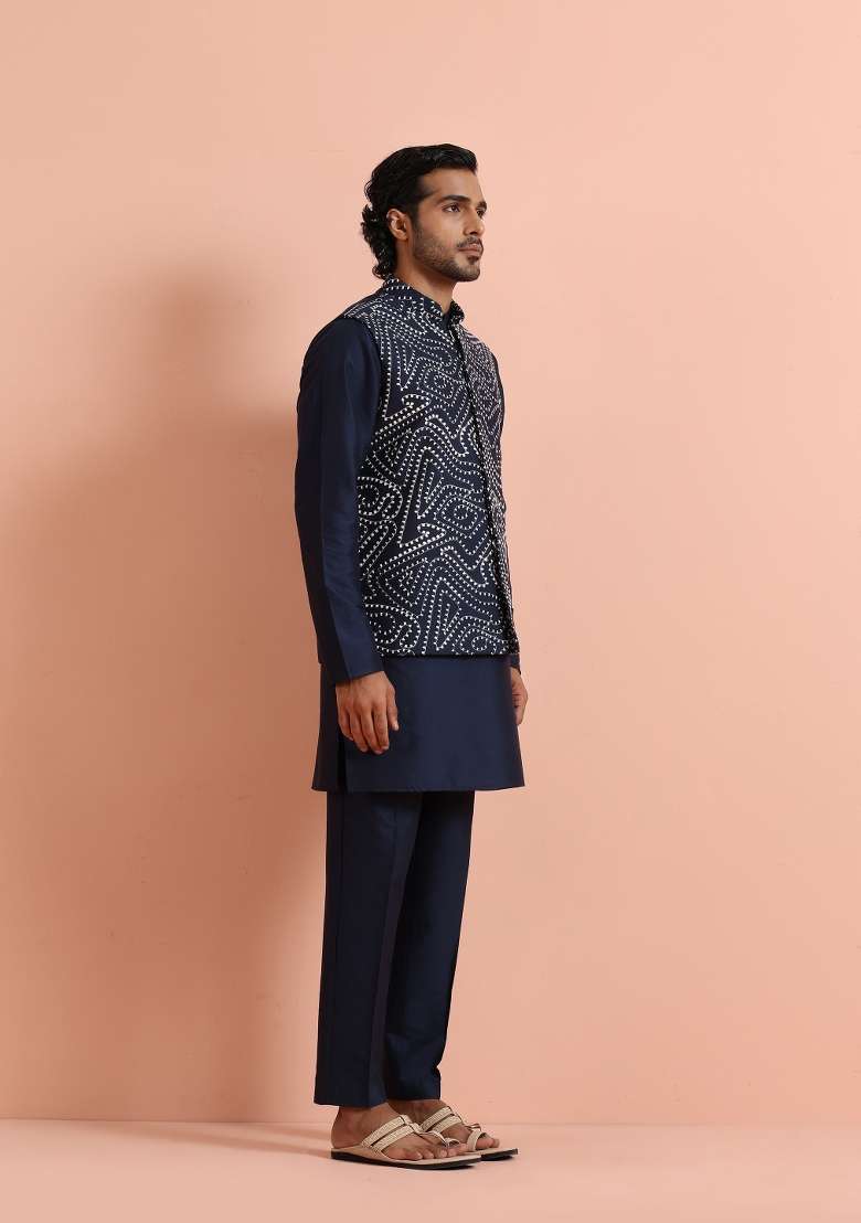 Cream Embroidered Poly Silk Blend Kurta Jacket Set For Men - Indya