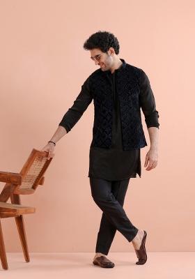 Black Lazer Cut Velvet Kurta Jacket Set For Men