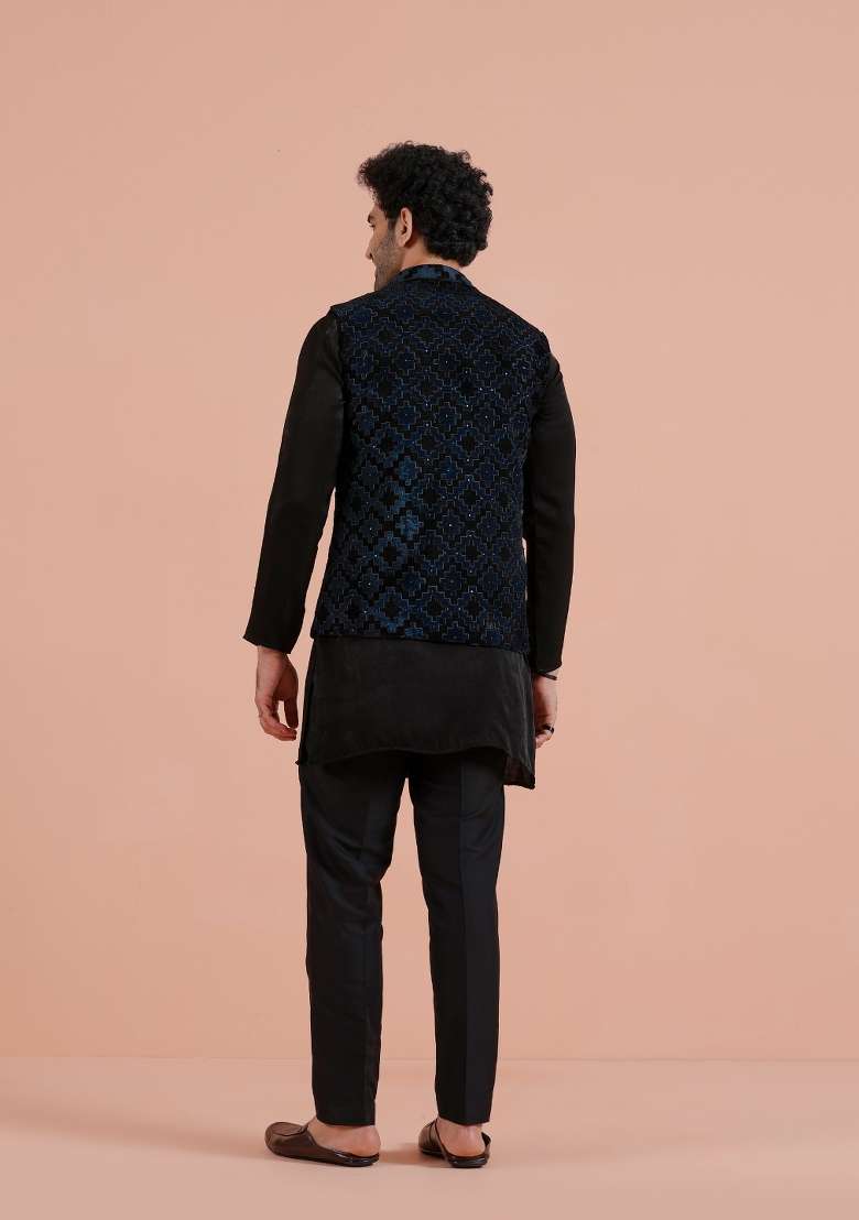 Black Lazer Cut Velvet Kurta Jacket Set For Men - Indya