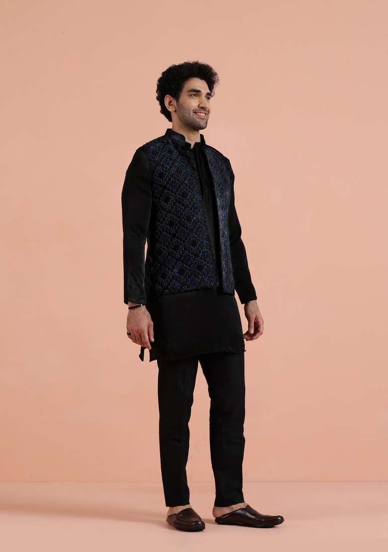 Black Lazer Cut Velvet Kurta Jacket Set For Men - Indya