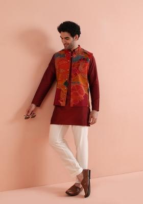 Multicolor Printed Poly Viscose Kurta Jacket Set For Men