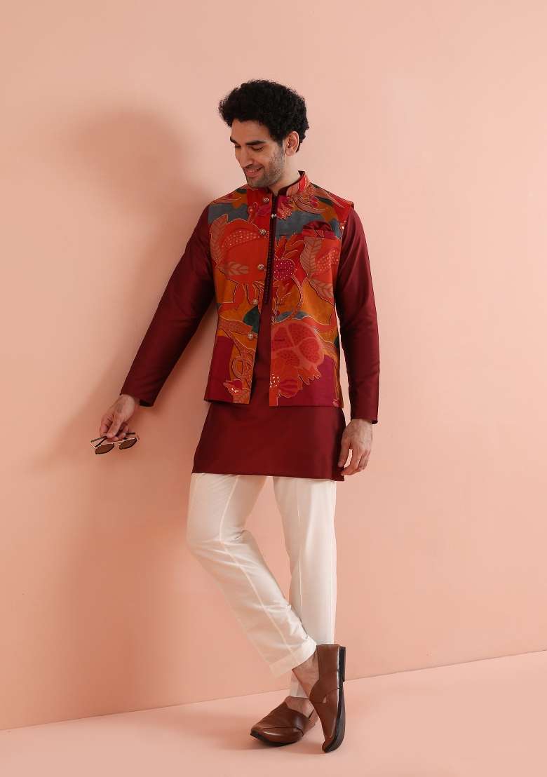 Multicolor Printed Poly Viscose Kurta Jacket Set For Men - Indya