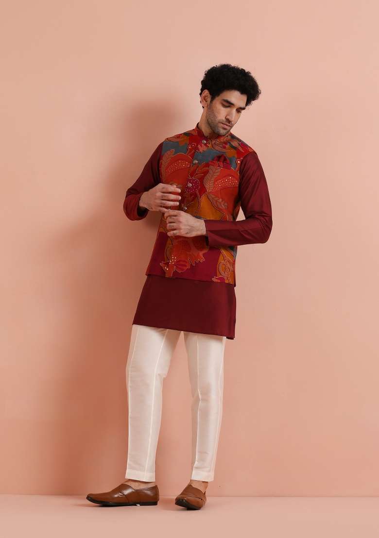 Multicolor Printed Poly Viscose Kurta Jacket Set For Men - Indya