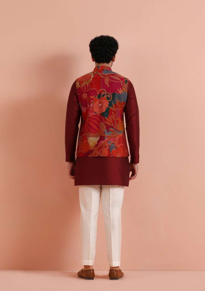 Multicolor Printed Poly Viscose Kurta Jacket Set For Men - Indya