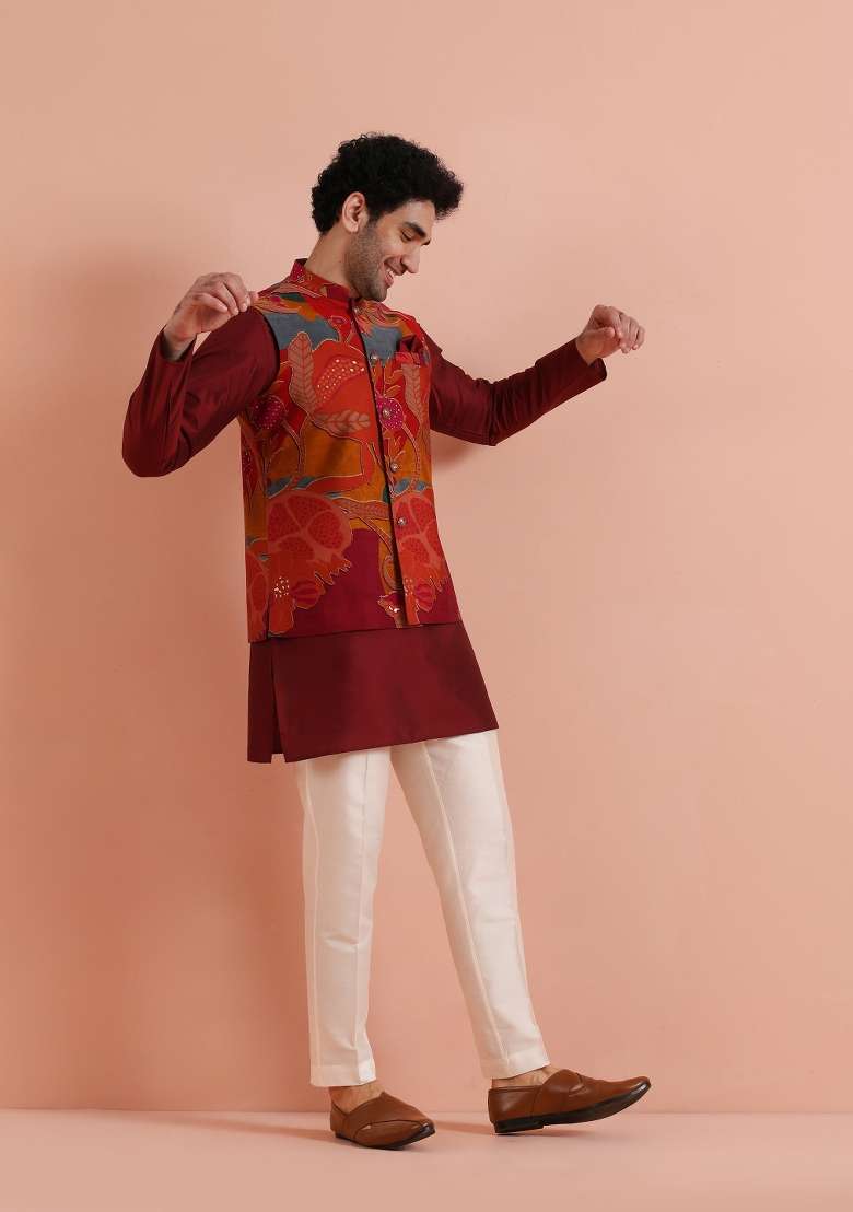 Multicolor Printed Poly Viscose Kurta Jacket Set For Men - Indya