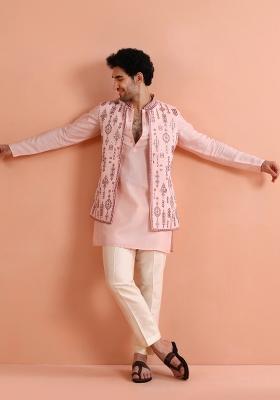 Pink Embroidered Silk Blend Kurta Jacket Set For Men