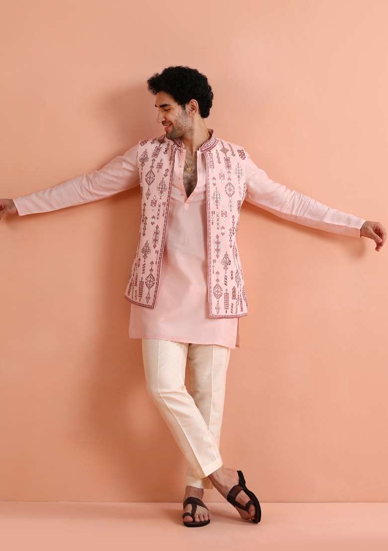 Pink Embroidered Silk Blend Kurta Jacket Set For Men - Indya