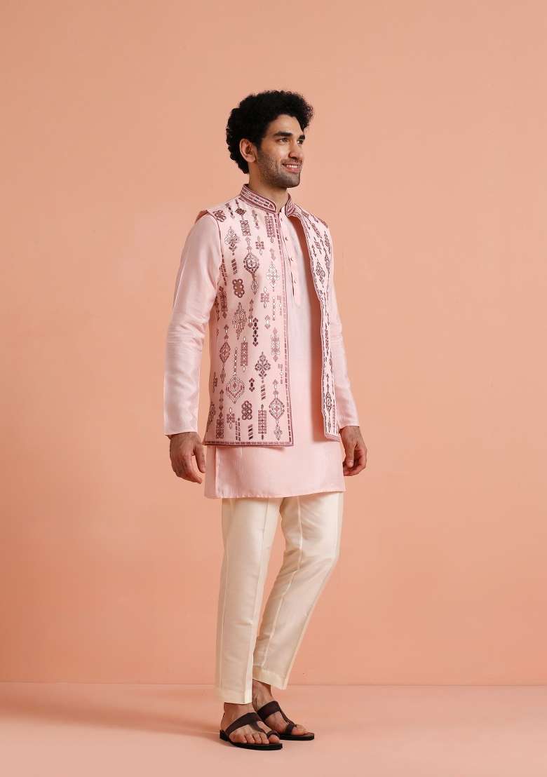 Pink Embroidered Silk Blend Kurta Jacket Set For Men - Indya