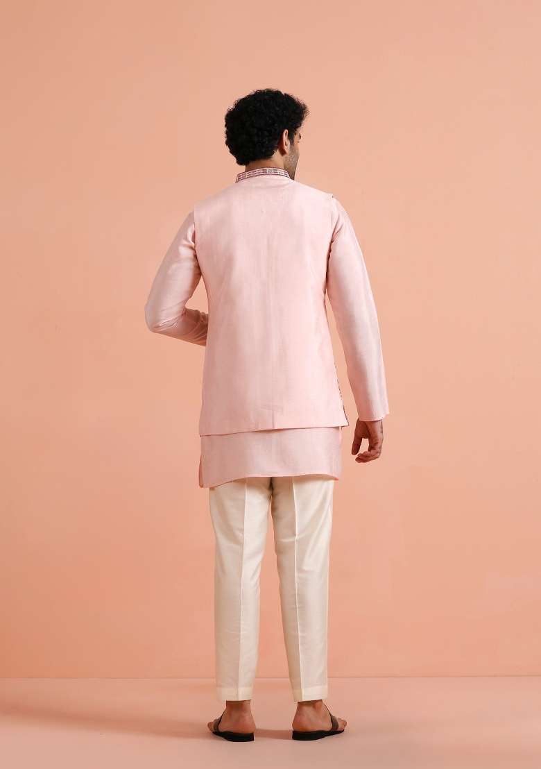 Pink Embroidered Silk Blend Kurta Jacket Set For Men - Indya