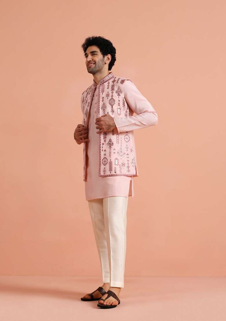 Pink Embroidered Silk Blend Kurta Jacket Set For Men - Indya