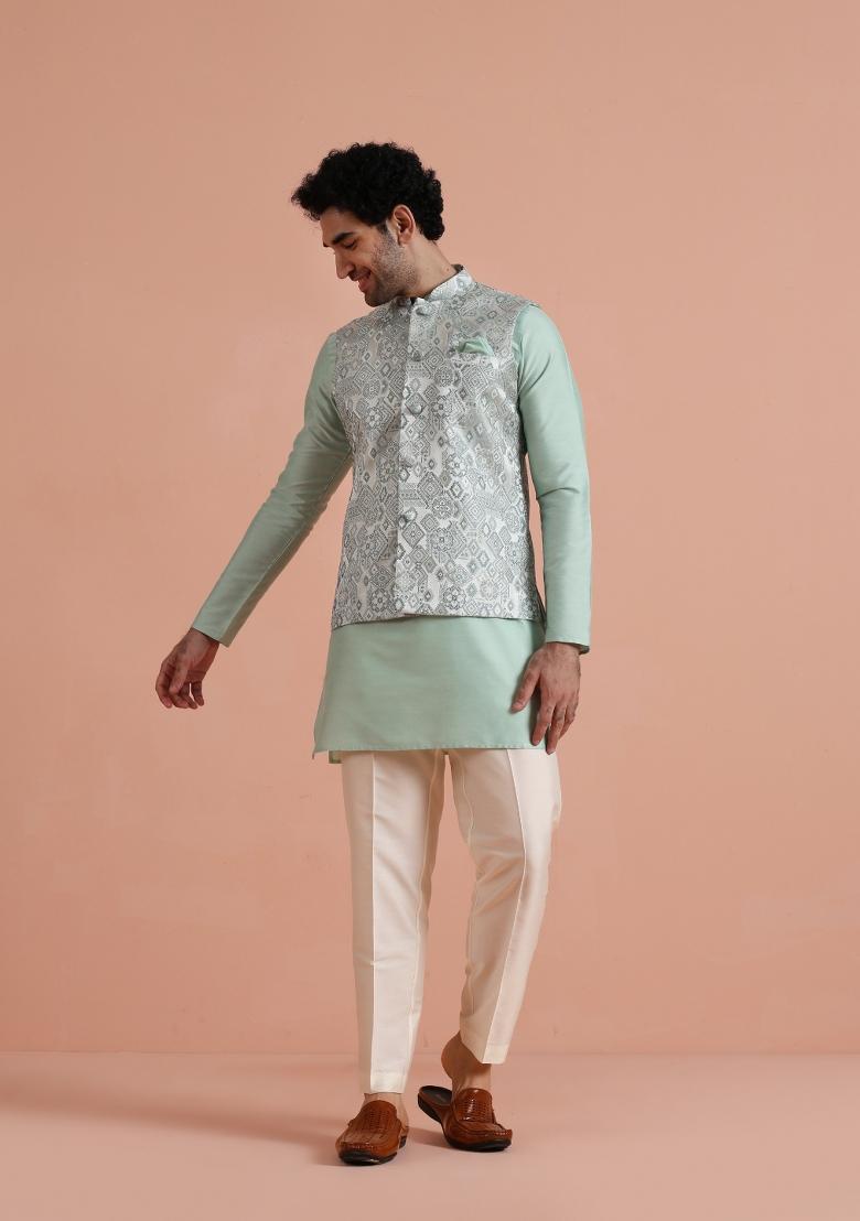 Green Jacquard Silk Blend Kurta Jacket Set For Men