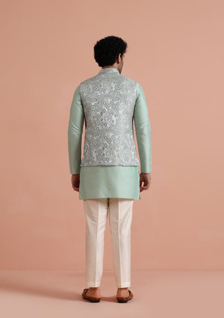 Green Jacquard Silk Blend Kurta Jacket Set For Men