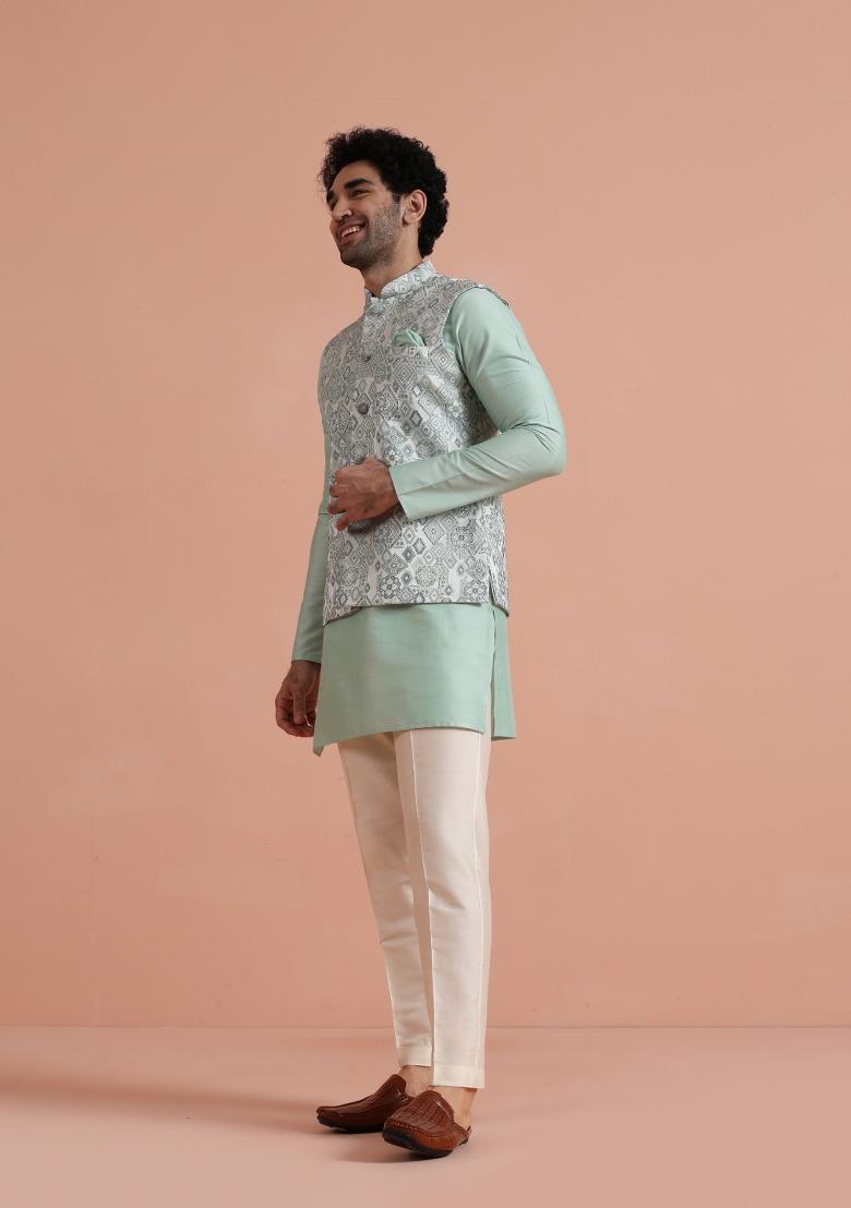 Green Jacquard Silk Blend Kurta Jacket Set For Men