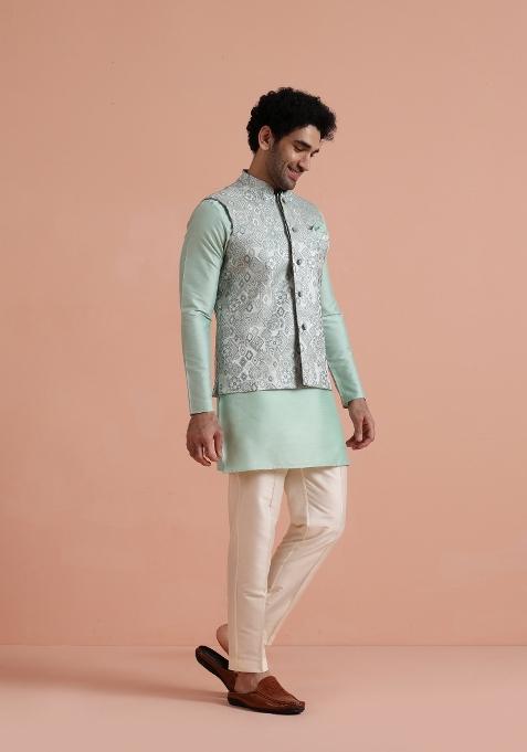 Green Jacquard Silk Blend Kurta Jacket Set For Men