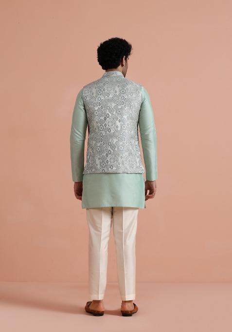 Green Jacquard Silk Blend Kurta Jacket Set For Men