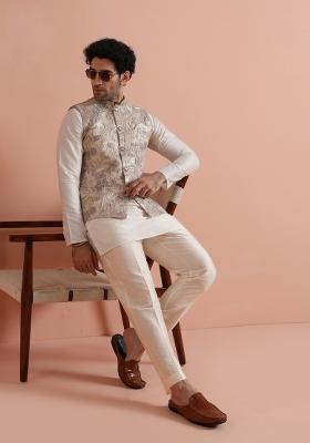 Cream Jacquard Silk Blend Kurta Jacket Set For Men