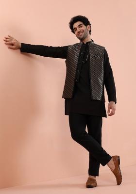 Black Jacquard Silk Blend Kurta Jacket Set For Men
