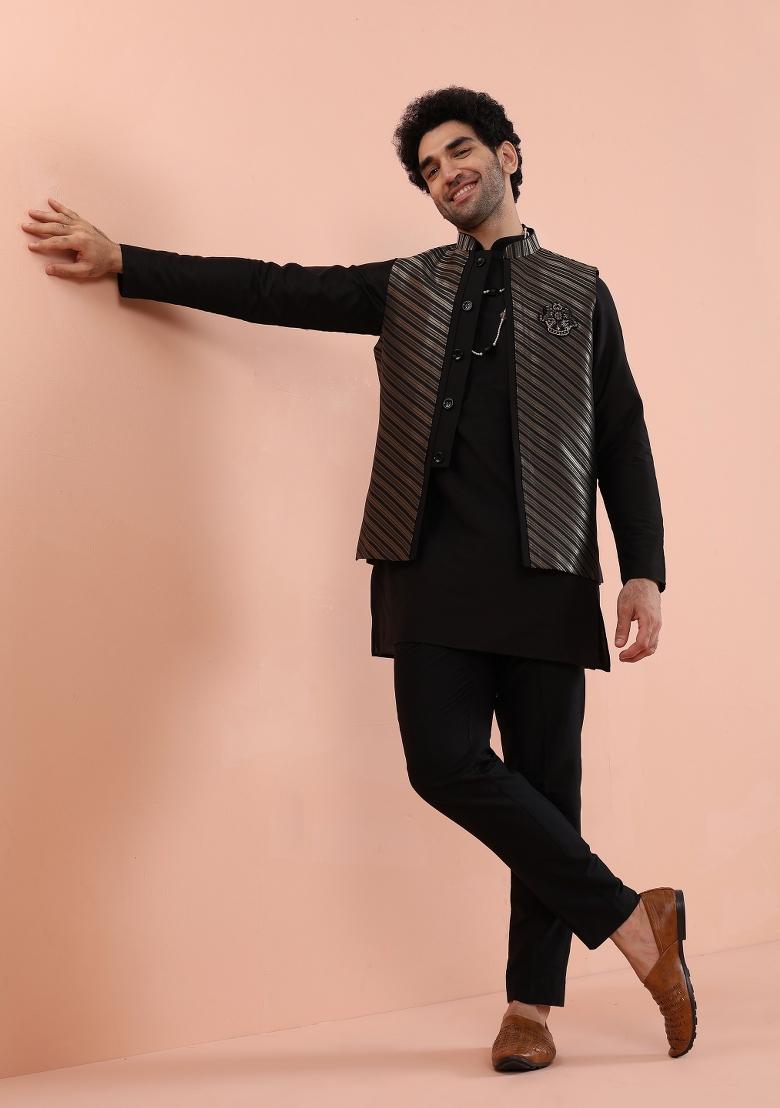 Black Jacquard Silk Blend Kurta Jacket Set For Men