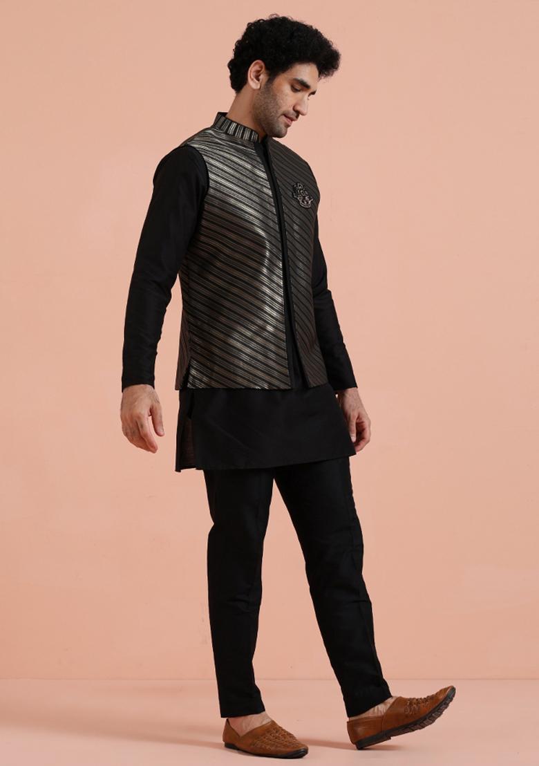 Black Jacquard Silk Blend Kurta Jacket Set For Men - Indya