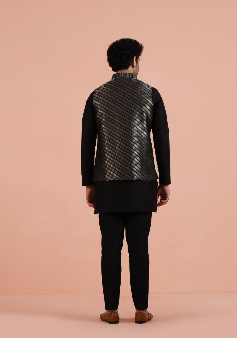 Black Jacquard Silk Blend Kurta Jacket Set For Men