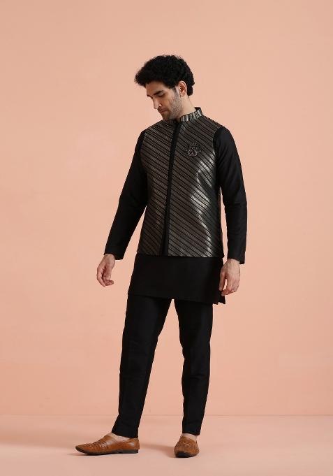 Black Jacquard Silk Blend Kurta Jacket Set For Men