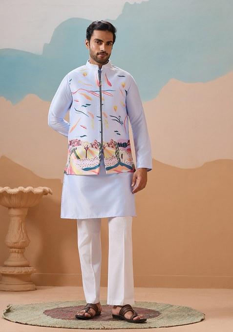 Sky Blue Embroidered Silk Kurta Set For Men