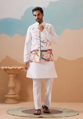 White Embroidered Silk Kurta Set For Men