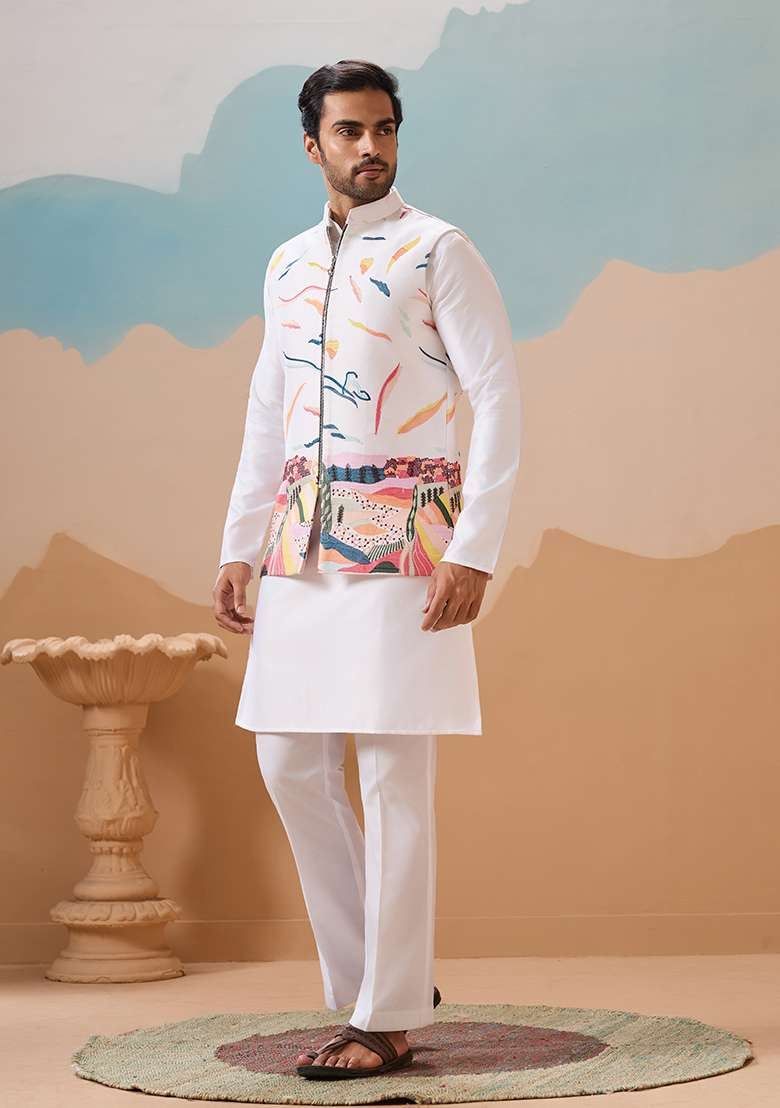 White Embroidered Silk Blend Kurta Set For Men - Indya