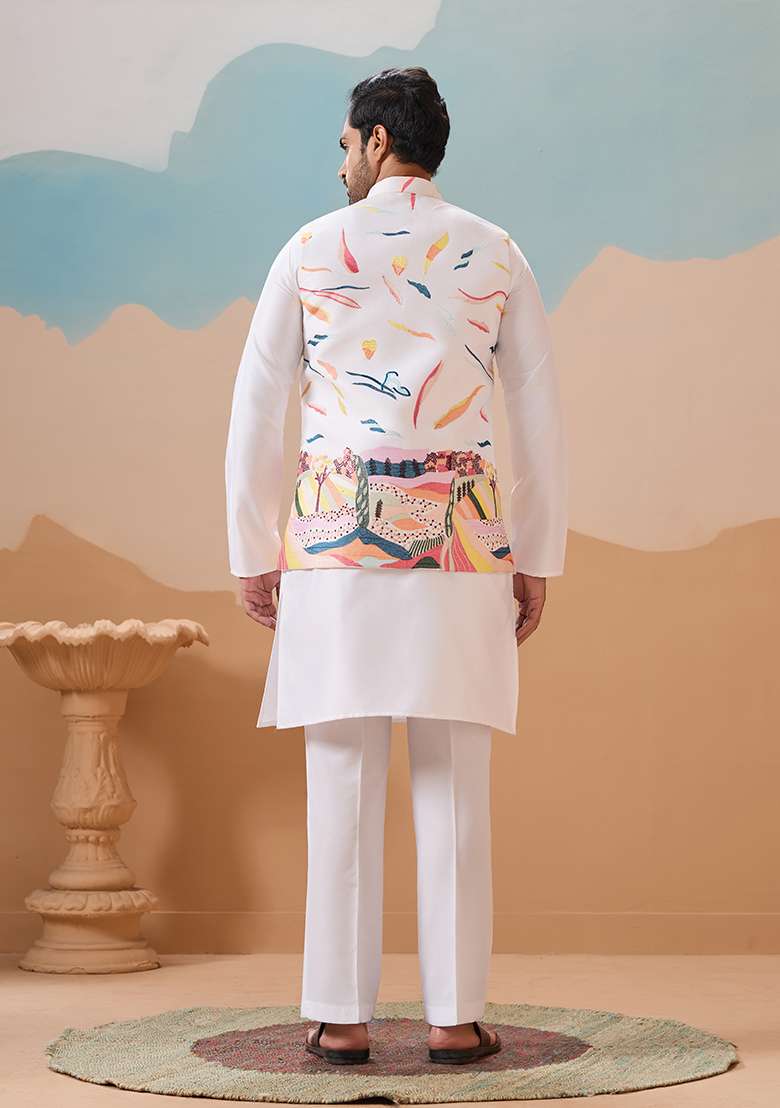 White Embroidered Silk Blend Kurta Set For Men - Indya