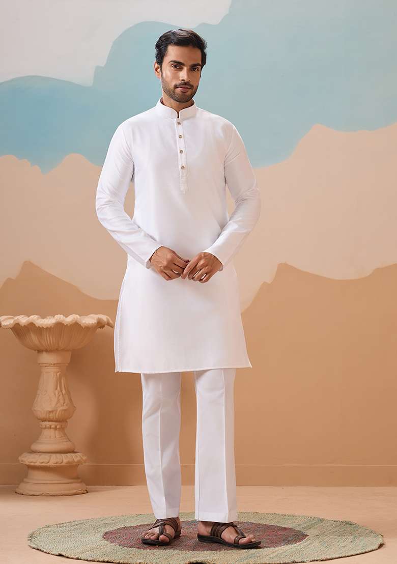 White Embroidered Silk Blend Kurta Set For Men - Indya