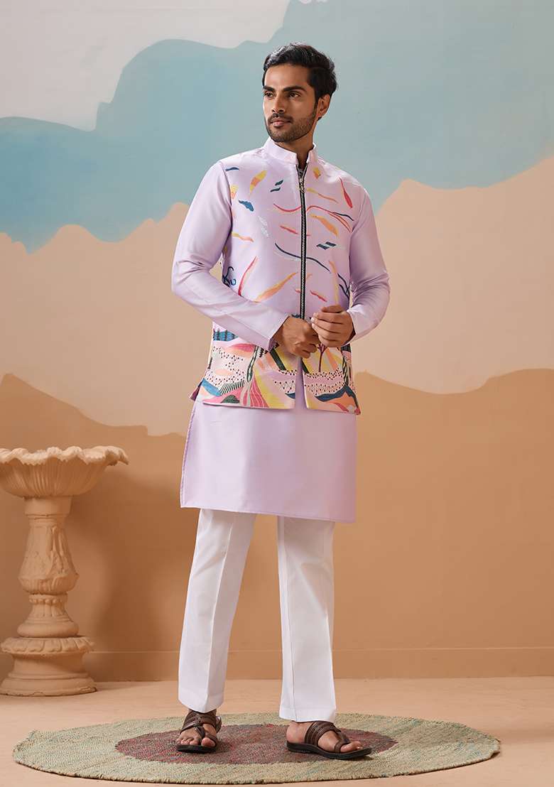Lavender Embroidered Silk Blend Kurta Set For Men - Indya