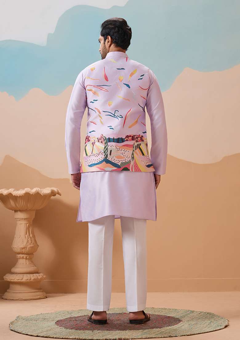 Lavender Embroidered Silk Blend Kurta Set For Men - Indya