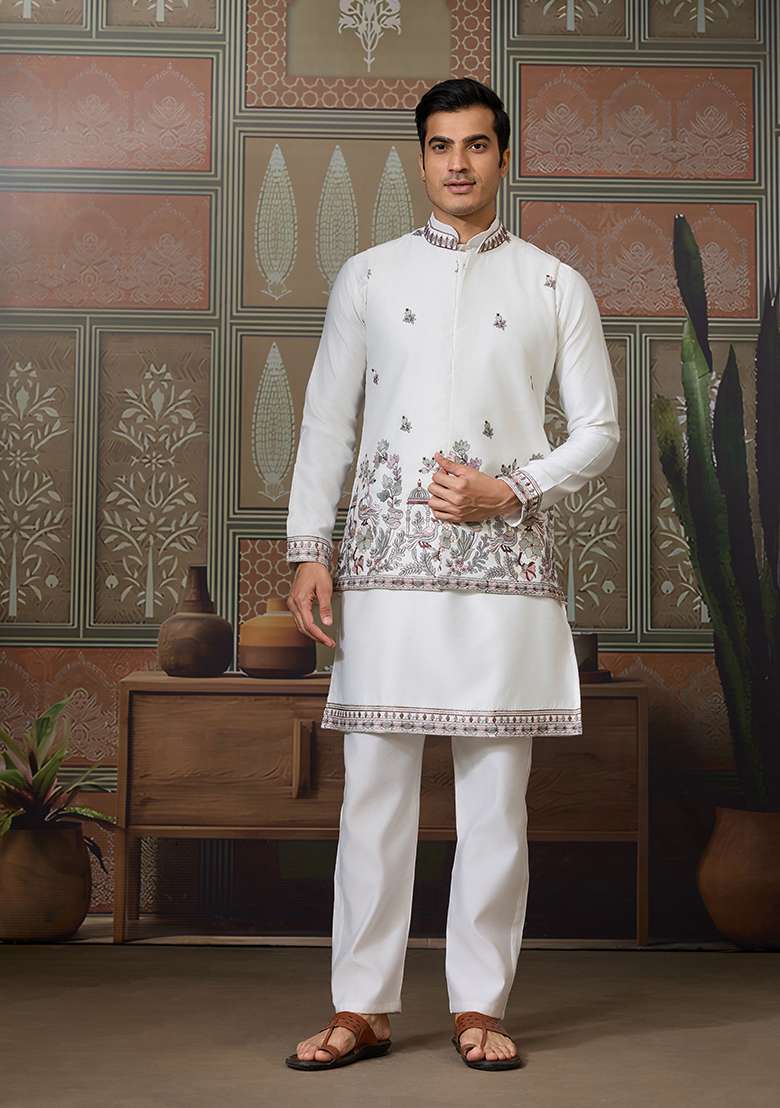 White Embroidered Silk Kurta Set For Men - Indya